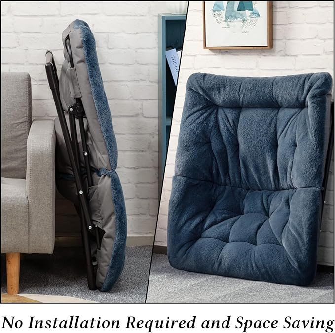 HollyHOME X-Large Saucer Chair with Foldable Ottoman Comfy Oversized Folding Chair and Folding Footrest Stool Set Faux-Fur Reading Chair and Footstool for Living Room Navy Blue Chair&ampStool