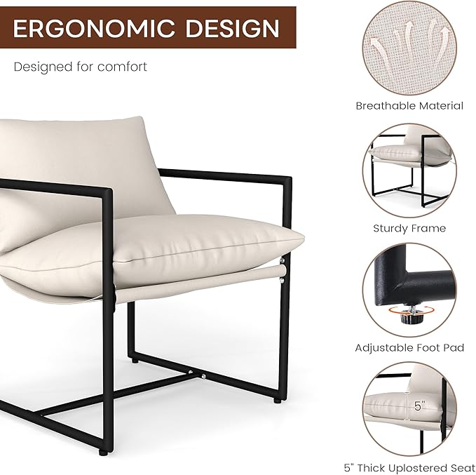 Modern Accent Chair with Armrest Set of 2 Cozy Upholstered Living Room Chair Square Metal Frame &amp Soft Sponge Cushion 28x28x32 Easy Assembly Beige