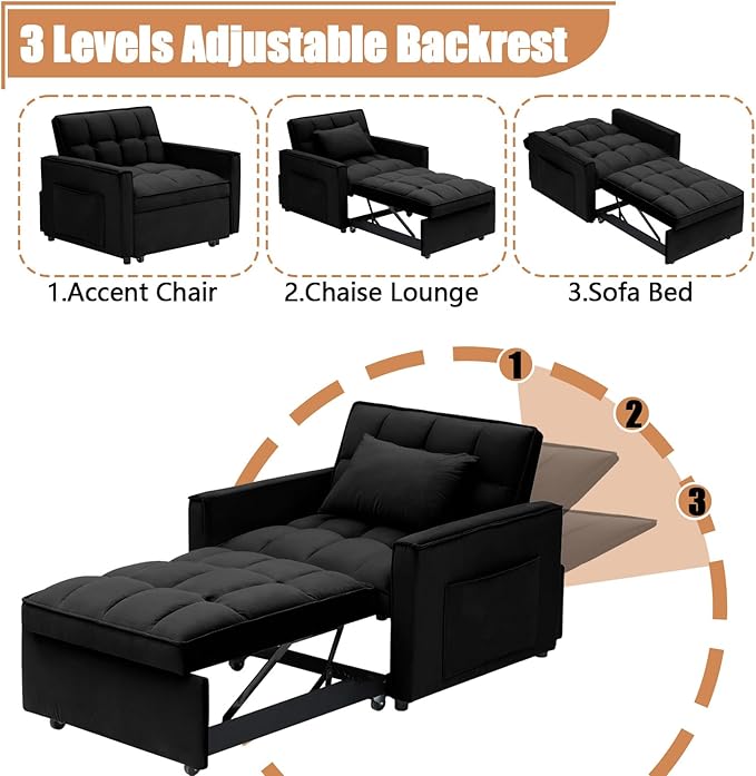 3 in 1 Convertible Sleeper Chair Modern Pull Out Couch Bed Single Recliner with Adjustable Back Velvet Futon Folding Sofa Bed Chair for Living Room Bedroom Small Spaces (Black)
