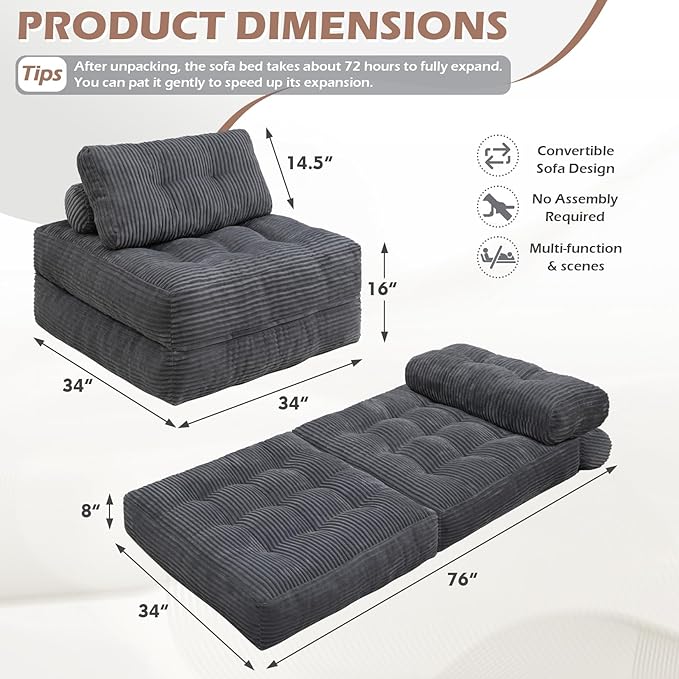 Folding Sofa Bed Convertible Sleeper Chair with Pillow &amp Handle Foldable Mattress Futon Chair Bed Lounge with Back Support Comfy Floor Sofa for Living Room Bedroom Grey Single