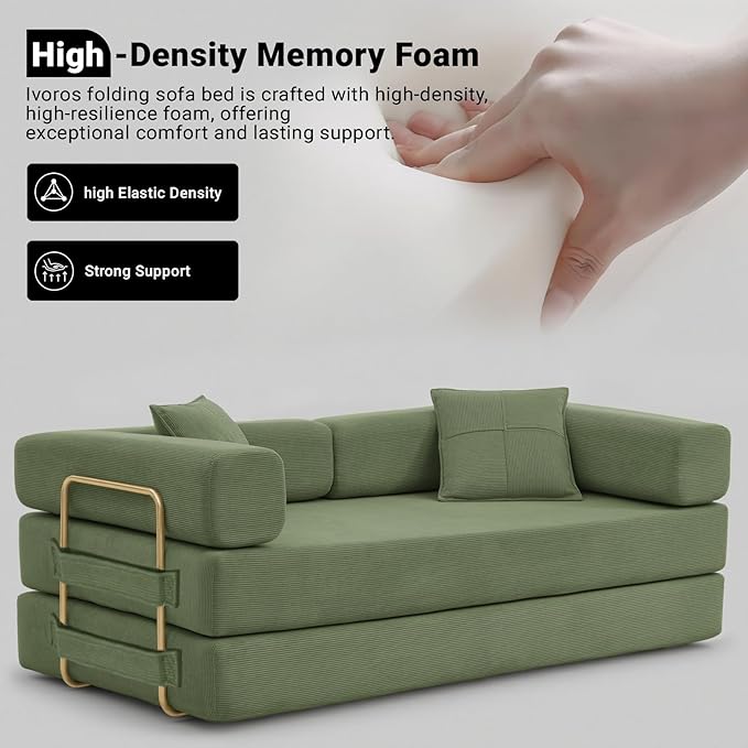 Folding Sofa Bed Convertible Sleeper Sofa Bed with Gold Fixed-Shape Frame Corduroy Floor Couch Lazy Compression Sofa for Living Room Bedroom Home Theater Green
