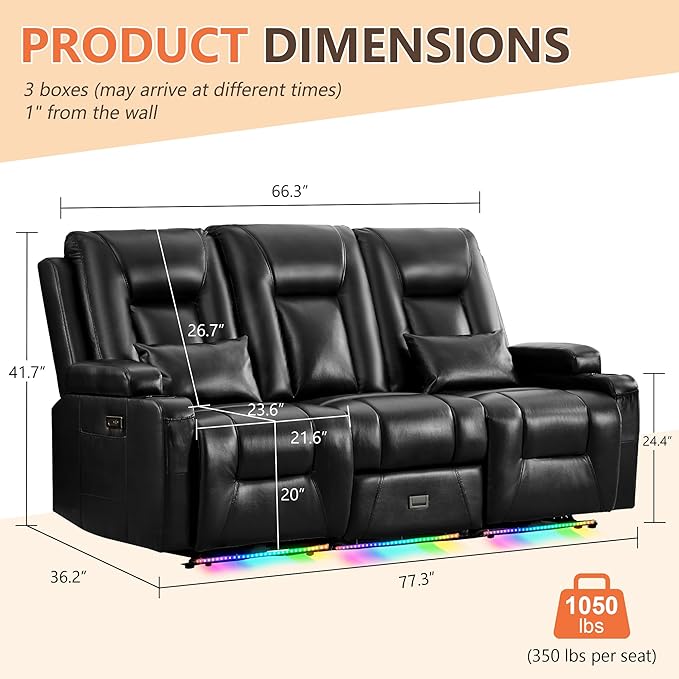Houjud Wall Hugger Power Recliner Sofa 3-Seater RV Couch Reclining Sofa with LED Lights USB Ports Cup Holders Side Pockets Outlets Drawer for Living Room and Home Theater PU Leather Black