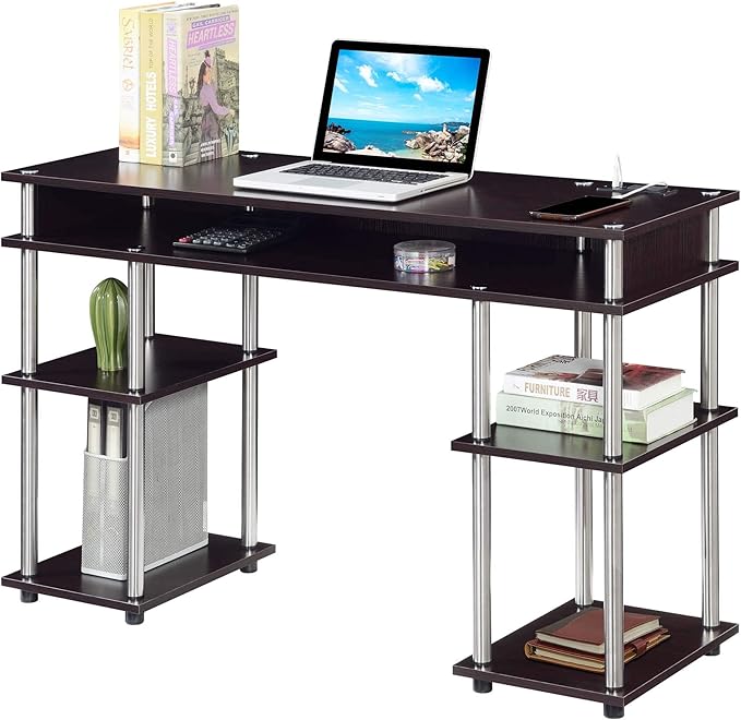 Convenience Concepts Designs2Go No Tools Student Desk with Charging Station and Shelves Espresso