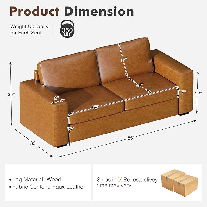 ABCASA 85 Faux Leather Couch with Padded Cushions Mid-Century Modern Sofa with Extra Deep Seats 3-Seater Sofa Couch for Living Room Apartment Lounge Brown