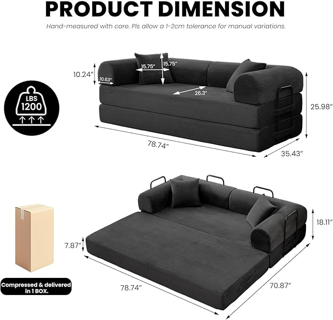 79 5-in-1 Convertible Sofa Bed King Size Sleeper with Bonus Pillows &amp Heavy Duty Frame No Assembly Corduroy Couch Bed for Movie Night &amp Guest Room Black