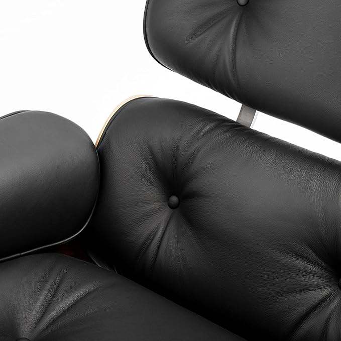 Top Black Grain Leather Mid Century Chaise Lounge Chair and Ottoman Modern Chair Classic Design Palisander Wood Heavy Duty Base Support for Living Room Office