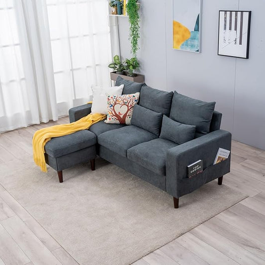 Panana 3-Seat Sofa Couch with Reversible Back Cushions Modern Fabric Sofa 3 Seater Couch for Small Apartment (Grey 3 Seater with Ottoman Stool)