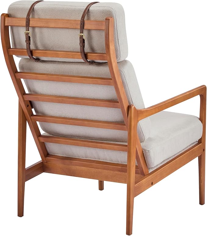 Merax Mid Century Modern Accent Chair High Back Armchair with Light Gray Upholstered Cushions and Solid Wood Frame Ergonomic Lounge Chair for Living Room/Bedroom/Reading Nook
