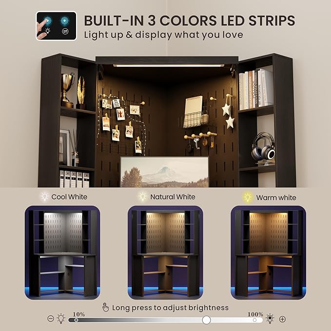 Corner Desk with LED Reading Lights L Shaped Computer Desk with Hutch &amp Shelves Triangle Home Office Desk w/ Charging Station for Work &amp Study File Cabinet Storage Bookshelf for Small Space