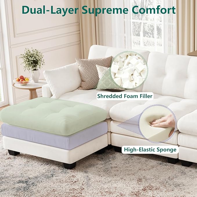 Modular Sectional U Shaped Sofa Couches for Living Room Cloud Couch with Movable Ottoman Comfy Chenille Sofa with Pillow for Bedroom and ApartmentBeige-Tufted