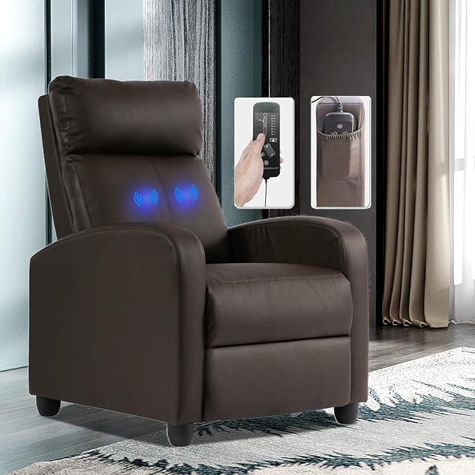 Leather Recliner Chair Living Room Chair Massage Reclining Chair Ergonomic Home Theater Seating Single Recliner Sofa Chair with Pu Leather Padded Seat Backrest for Living Room