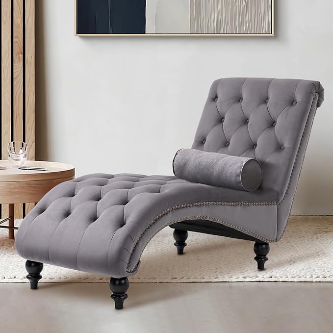 Velvet Chaise Lounge Chair Indoor Comfy Upholstered Chaise Lounge with Pillow and Solid Wood Legs Button Tufted Leisure Sofa Recliner for Living Room Bedroom Office Apartment(GY)