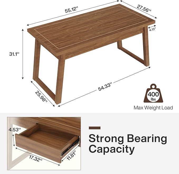 Tribesigns Home Office Executive Desk: 55 Inches Wooden Computer Desk with Drawer Mid-Century Modern Study Writing Table Rustic PC Laptop Desk Workstation Furniture Walnut Brown