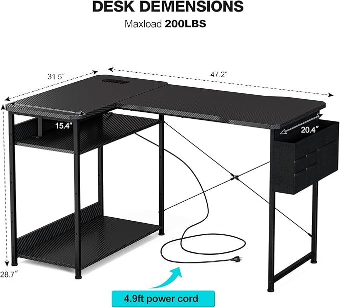 L Shaped Gaming Desk 48 Inch - Computer Corner Desk with Power Outlets Reversible Shelves &amp Storage Bag for Home Office PC Gaming Table Black Carbon