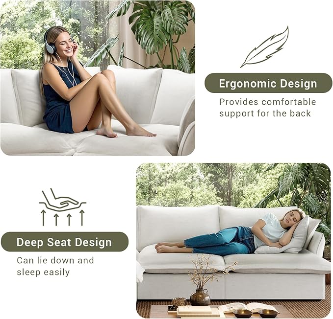 Linen Blend Cloud Couch Sectional for Living Room Comfy Down Filled Cloud Modular Sectional Sofa Modern Convertible Deep Seat Modular Couch Sleeper Sofa Bed Removable &amp Washable Covers