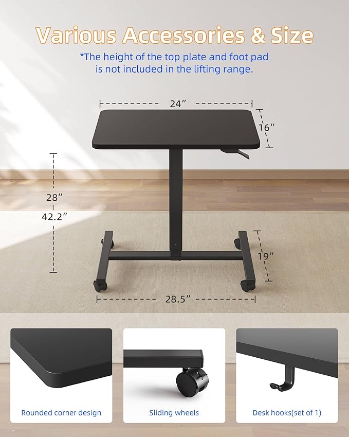 YIHAYO Mobile Small Standing Desk 24 x 16 Inches Adjustable Height Portable Rolling Laptop Desk with Lockable Wheels Computer Workstation for Home Office with Hook Black