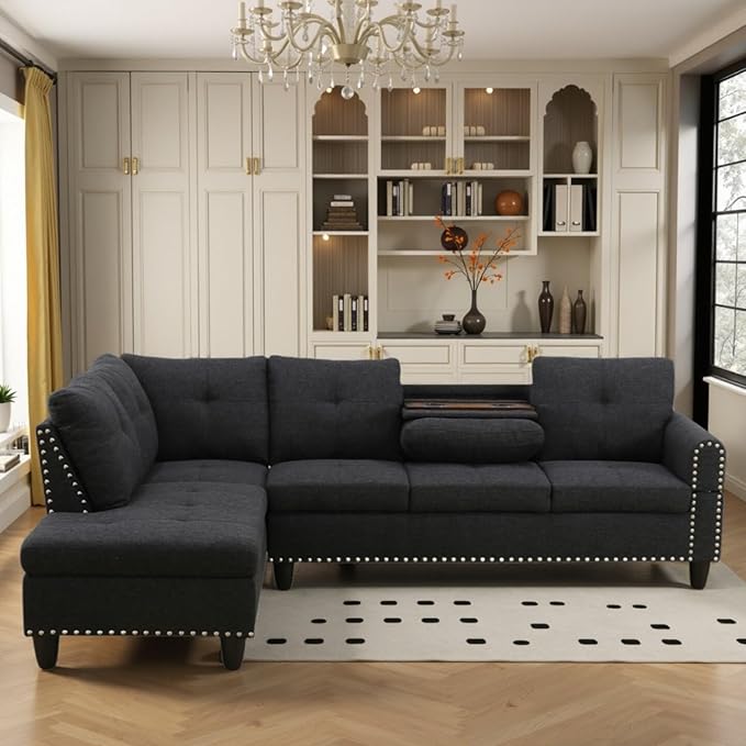 FONTOI L Shaped Sectional Couch Sofa 4-Seat Modern Sectional Sofa with Cup Holders &amp Nail-Head Trim – PU Leather L-Shaped Couch for Living Room Bedroom Apartment Black B