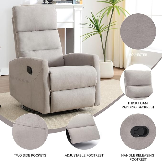 Swivel Rocking Recliner Chair Upholstered Glider Rocker with Adjustable Backrest and Footrest Modern Rocking Chair for Adults with 2 Pockets for Nursery Lounge Bedroom Living Room (Khaki)