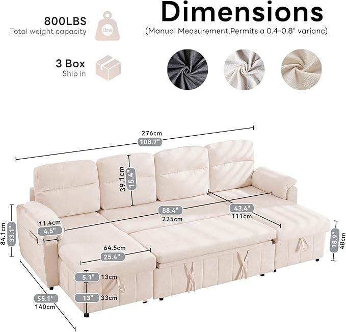 Tbfit 108'' Pull Out Sofa Cloud Sleeper Sofa Bed with USB &amp 2 Storage Chaises Comfy Oersized U Shaped Convertible Sectional Sleeper Couches for Living Room Apartment Office Beige