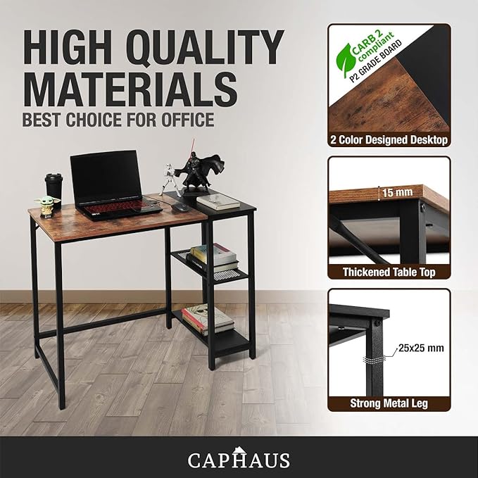 CAPHAUS 40 Inch Computer Desk with 2-Tier Storage Shelves for Home Office &amp Gaming Small Spaces Desk for Bedroom/Office Easy Assemble P2 Board &amp Steel Legs Rustic Oak &amp Black (220 lbs