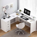 White L Shaped Desk with 3 Drawers 60 inch L Desk with Moveable Hutch and Power Outlet Large Home Office Corner Computer Desk with Storage File Cabinet