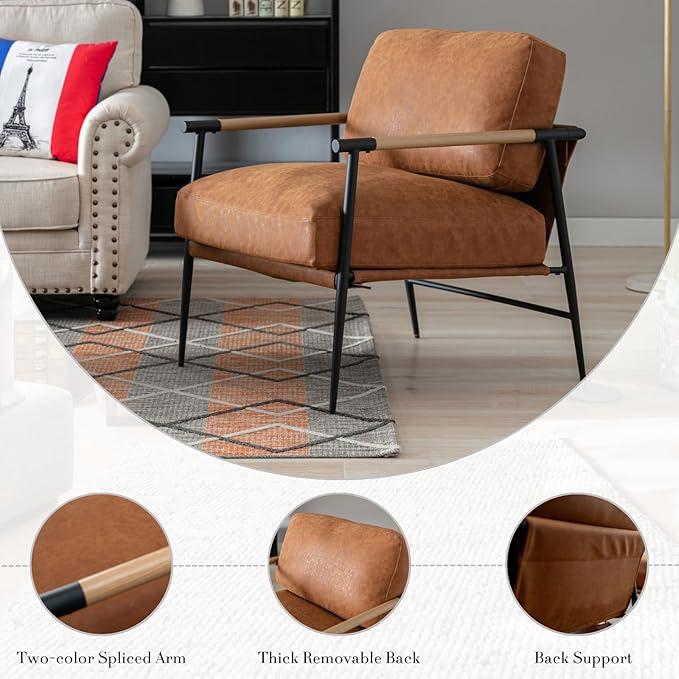 HEAH-YO Modern Accent Chair Set of 1 PU Faux Leather Living Room Chair with Backrests and Metal Legs Comfy Reading Side Armchair for Bedroom Brown