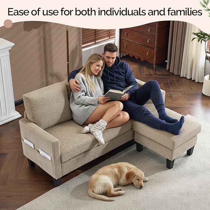 VINGLI 68.5' L Shaped Couch with Movable Storage Ottoman Convertible Sectional Sofa in Soft Corduroy Fabric Modern Reversible Chaise Couch for Small Spaces Apartment Living RoomKhaki