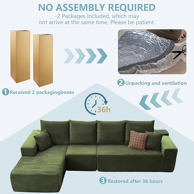 135.4 Cloud Sectional Couch with L-Shape Chaise Modern Corduroy Boneless Couch for Living RoomMemory Foam Sofa with Deep SeatNo Assembly Required (GreenLeft-Facing Chaise)