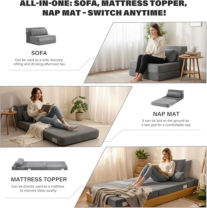 Tiita Folding Sofa Bed with Pillow Memory Foam Fold Out Chair Bed Single Size Convertible Chair Floor Couch &amp Sleeping Mattress Foldable Sleeper Sofa Bed for Guest Room Living Room Grey