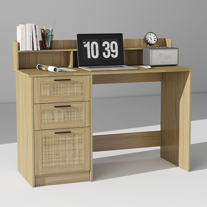 Computer Desk with Rattan Drawers and Hutch - 47 Inch Home Office Boho Writing Desk with Storage File Drawer &amp Monitor Stand Modern Wood Computer Table