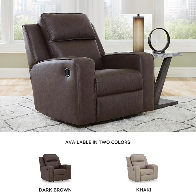 Signature Design by Ashley Lavenhorne Contemporary Faux Leather Upholstered Manual Rocker Recliner with 2 Cup Holders Dark Brown