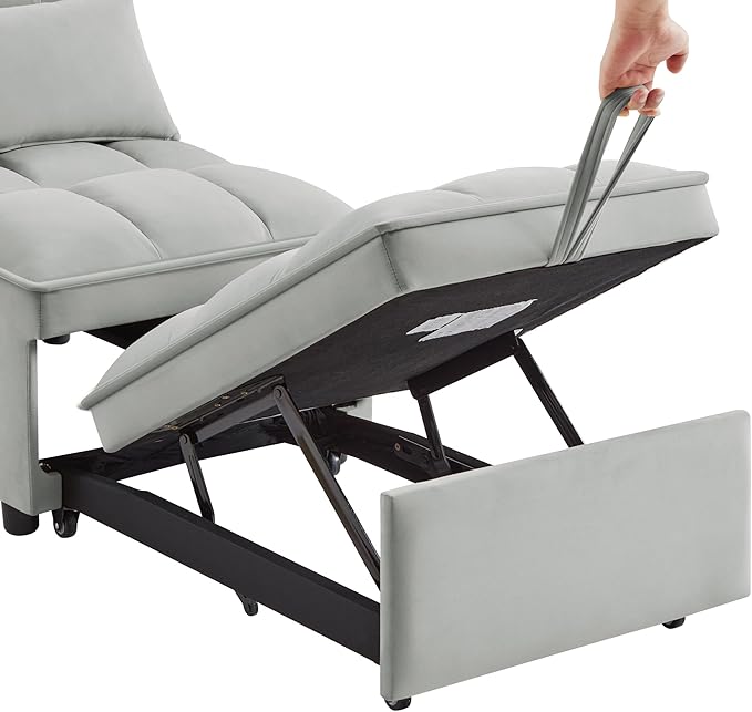 4 in1 Multi-Function Single Sofa Bed with Storage PocketsTufted Single Pull-Out Sofa Bed with Adjustable Backrest and PillowsConvertible Chaise Loungefor Small Room Apartment (Gray)