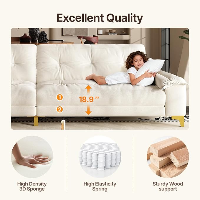 104.7 sectional Couch mid-Century Modern 4-Seater Comfy Cloud Couch for Living Room Office Button Tufted upholstered Metal Legs Sofa Sturdy loveseat (Beige 104.7 Inch)