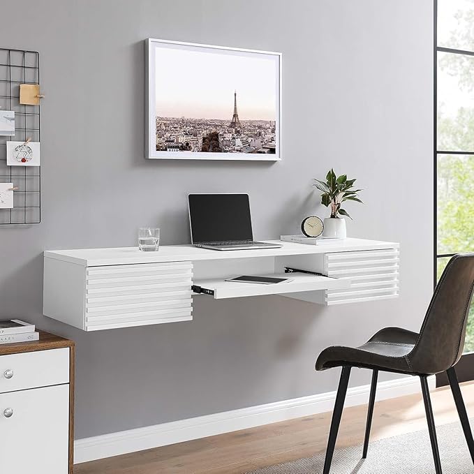 Floating Desk 60'' Wall Mounted Computer Desk with 2 Drawer &amp Keyboard Tray Home Office Desk Workstation Cable Hole Laptop PC Table for Living Room Bedroom Office White