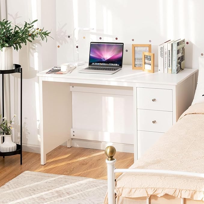 48 Inches Computer Desk Modern Writing Study Table with 3 Drawers Multifunctional Workstation Desk for Home Office Living Room Bedroom Black/White (White)