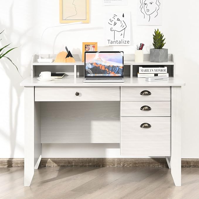 Tangkula White Desk with 4 Storage Drawers &amp Hutch Home Office Computer Vintage Desk Writing Study Table with Storage Shelves Wooden Executive Desk (White)