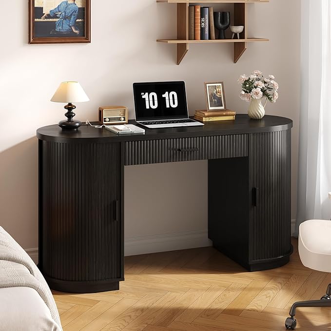 ONBRILL 58 Inch Fluted Executive Desk with Drawers Large Computer Desks with Storage Mid Century Modern Office Desk with Charging Station for Home Office Living Room Bedroom (Black)