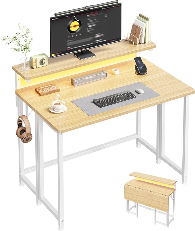Folding Desk for Small SpaceFoldable Computer Desk with Monitor Stand31.5 Inch Small Desk with LED Lights for Bedroom Home OfficeWriting Work Office Computer Desk with HooksOak