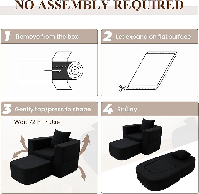 WJShome Boneless Chaise Lounge Sofa Bed Chair Indoor 3 in 1 Convertible Lounge Chaise with No Frame Wide Reclining Floor Lounger for Reading Napping &amp Relaxation No Assembly Required Black