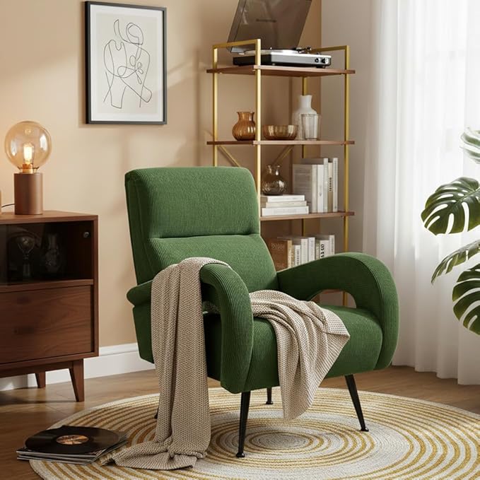 Corduroy Accent Chairs for Living Room Tufted High Back Reading Chairs for Bedroom Mid-Modern Comfy Upholstered Armchairs for Bedroom Reading Nook Apartment Forest Green