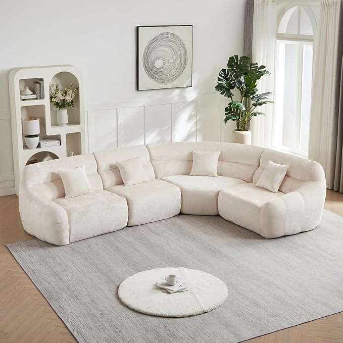 123 L-Shaped Corner Sectional Sofa with Curved Edge Modern Chenille Modular Cloud Couch High Back Oversized 4-Seater with 4 Pillows No Assembly Required Beige