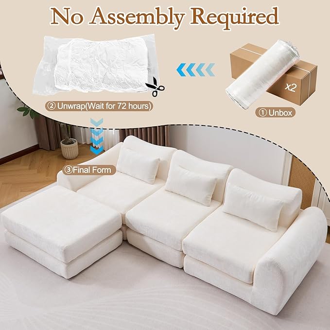 105” Modular Sectional Sofa Convertible Sofa BedTransforms into Single or Double Sofa Chenille Fabric Cloud SofaModern Soft Boneless Comfort No Assembly Required White