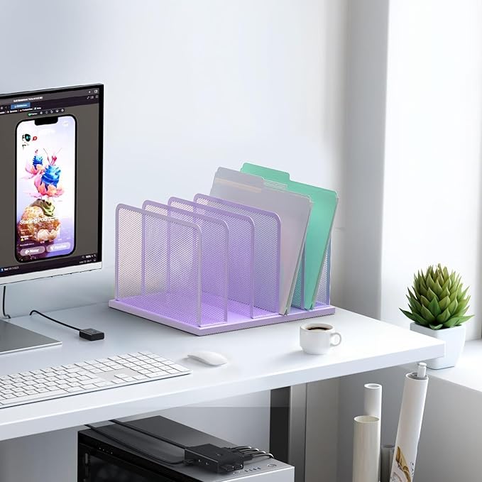 Kuntine.B Desk File Organizer Upright Mesh Desktop Organizer File Sorter Office Organization File Holder for Home Office &amp Classroom (Purple 1 Pack 5-Section)