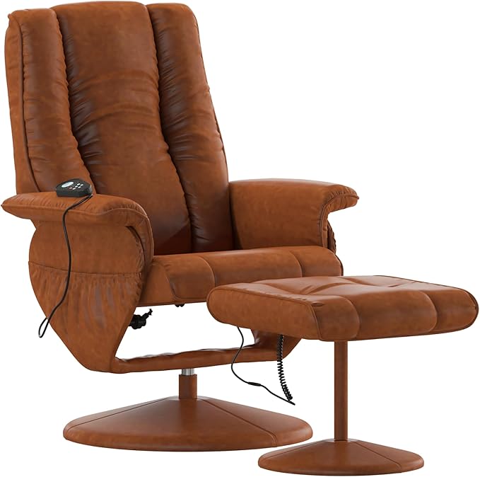 Flash Furniture Hall Massaging Heat Controlled Adjustable Recliner and Ottoman with Wrapped Base in Brown LeatherSoft