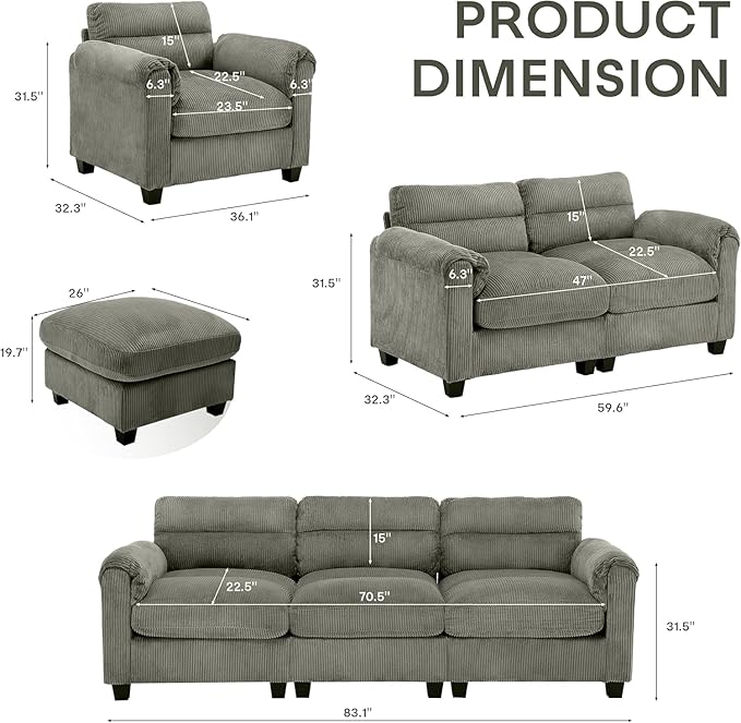 Corduroy Sofa Set Upholstered Armchair and 3-Seater Sofa Sofa Set of 2 with Plush Cushions and Rolled Arms Modern Living Room Furniture SetsBrown