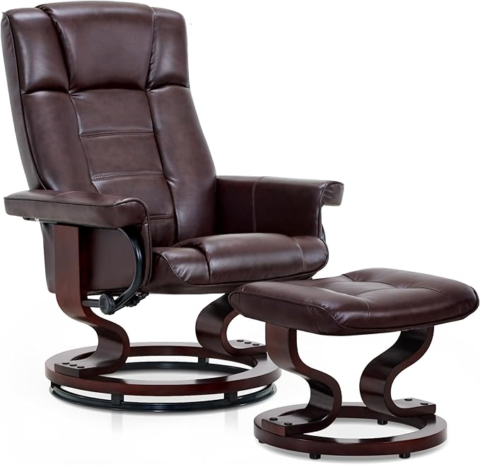 MCombo Manual Swivel Recliner with Ottoman Chair Ottoman Set for RV Small Spaces Living Room Bedroom Office 9019 4919 (Faux Leather Dark Brown)