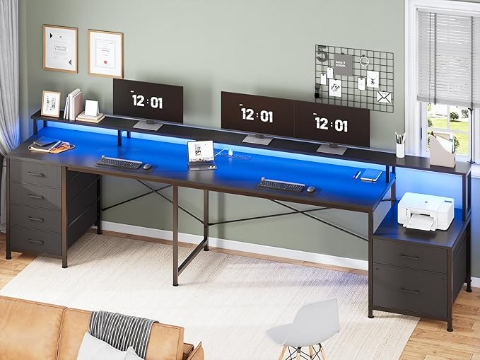 SEDETA L Shaped Desk with 6 Drawer 108 Home Office Desk with File Drawer &amp Power Outlet Corner Computer Desk with Monitor Shelf File Cabinet Two Person Desk Gaming Desk with Led Lights Blac