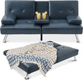 Best Choice Products Faux Leather Upholstered Modern Convertible Futon Adjustable Folding Sofa Bed Guest Bed w/Removable Armrests - Blue