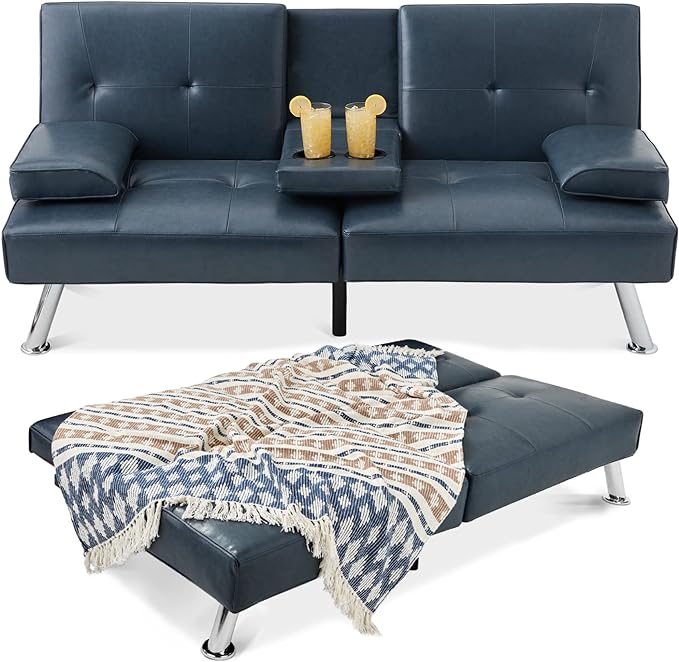 Best Choice Products Faux Leather Upholstered Modern Convertible Futon Adjustable Folding Sofa Bed Guest Bed w/Removable Armrests - Blue