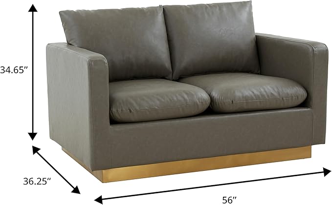 LeisureMod Nervo Modern Upholstered Leather Loveseat Sofa 2-Seater Living Room Couch with Gold Metal Base and Removable Cushions Small Space Furniture for Living Room Office Waiting Area Grey